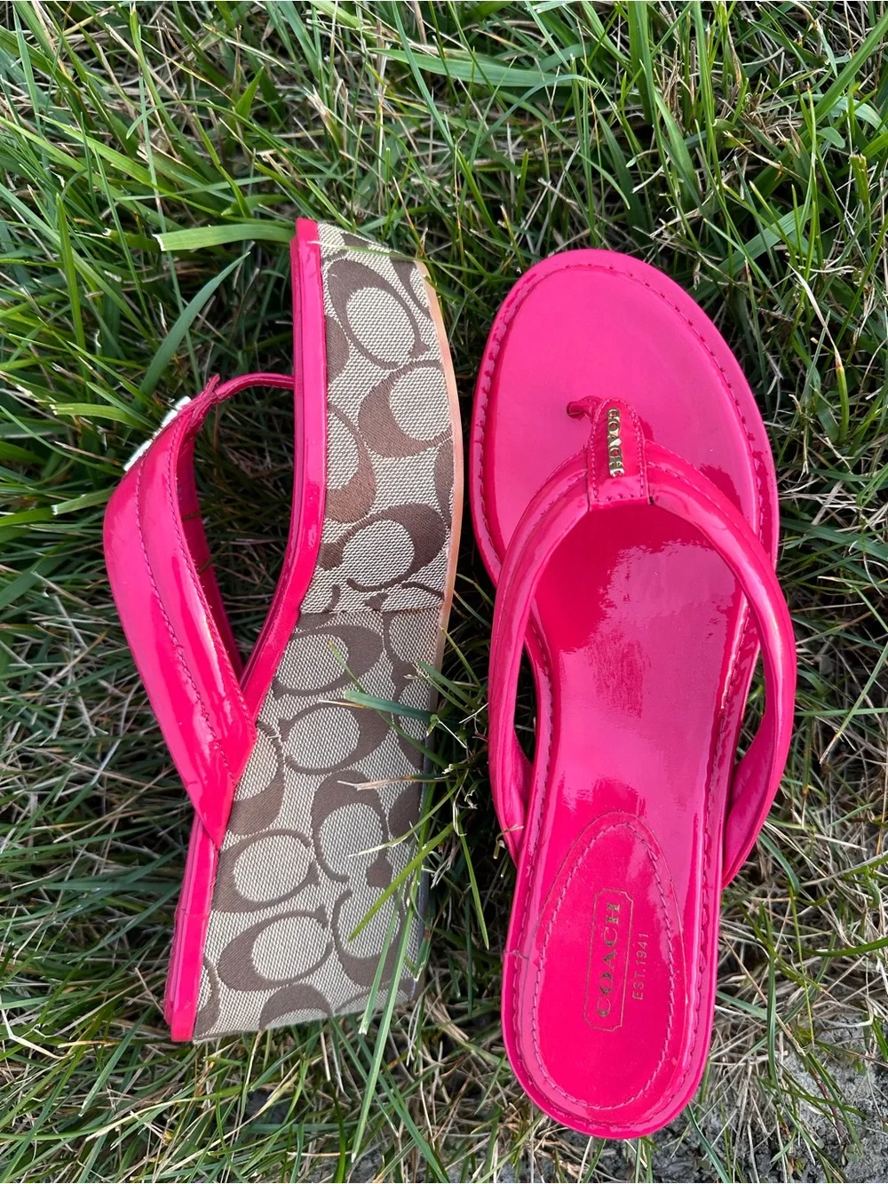Coach Patent Leather Thong Sandals - Bright Red